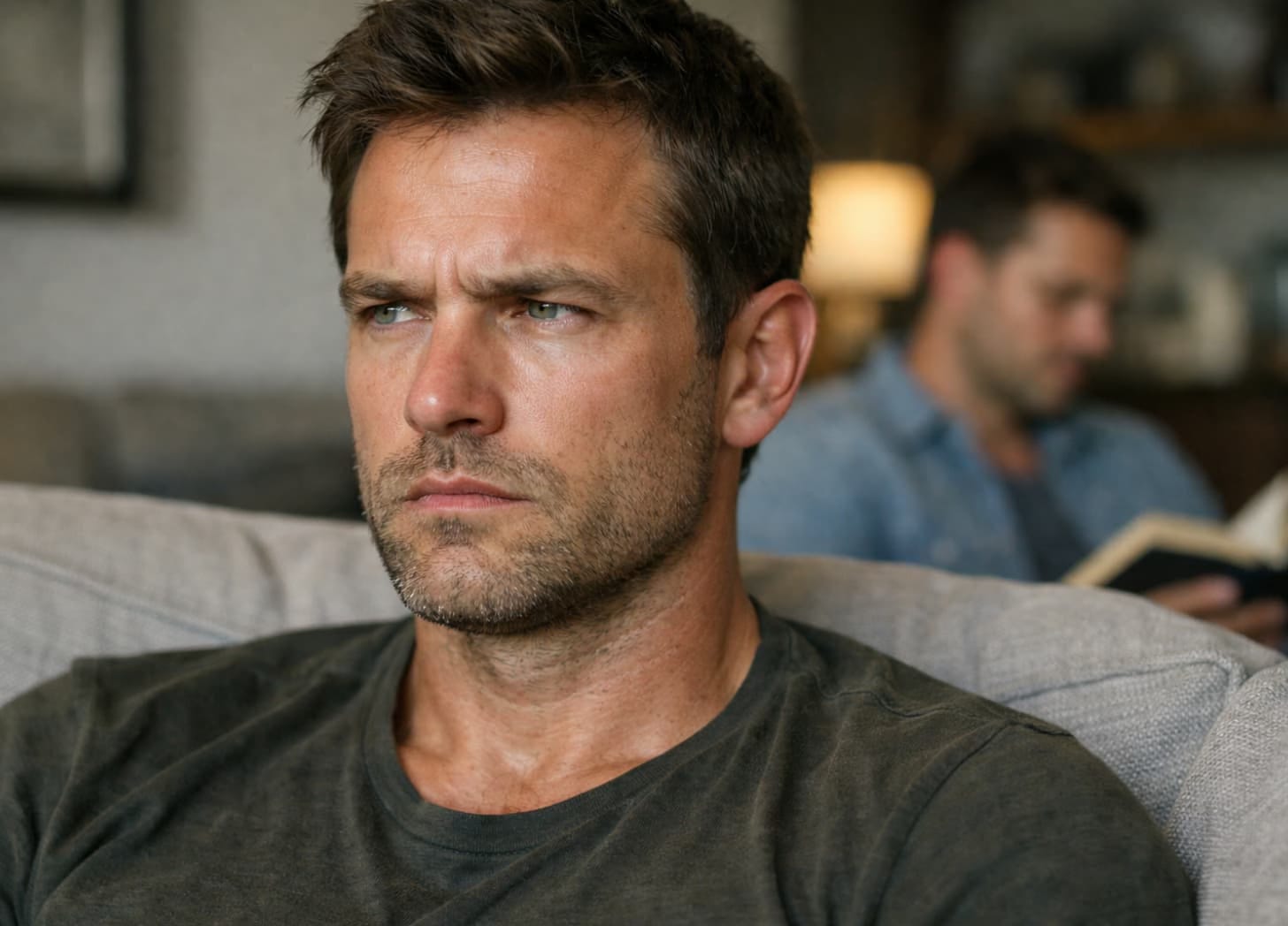 Close-up tense man on couch, partner blurred reading behind