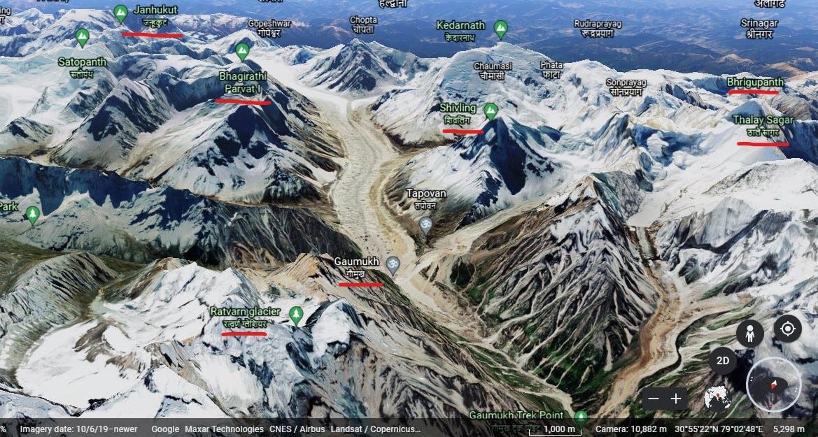 You can see Gaumukh, at the edge of the Gangotri glacier, in the image’s centre. Surrounding them are the peaks Shivling, Bhagirathi, Thalay Sagar, Bhrigupanth, Jahnukut. What is marked Ratvarn glacier is the slope of Sudarshan Parvat. You can see Gaumukh, at the edge of the Gangotri glacier, in the image’s centre. Surrounding them are the peaks Shivling, Bhagirathi, Thalay Sagar, Bhrigupanth, Jahnukut. What is marked Ratvarn glacier is the slope of Sudarshan Parvat.