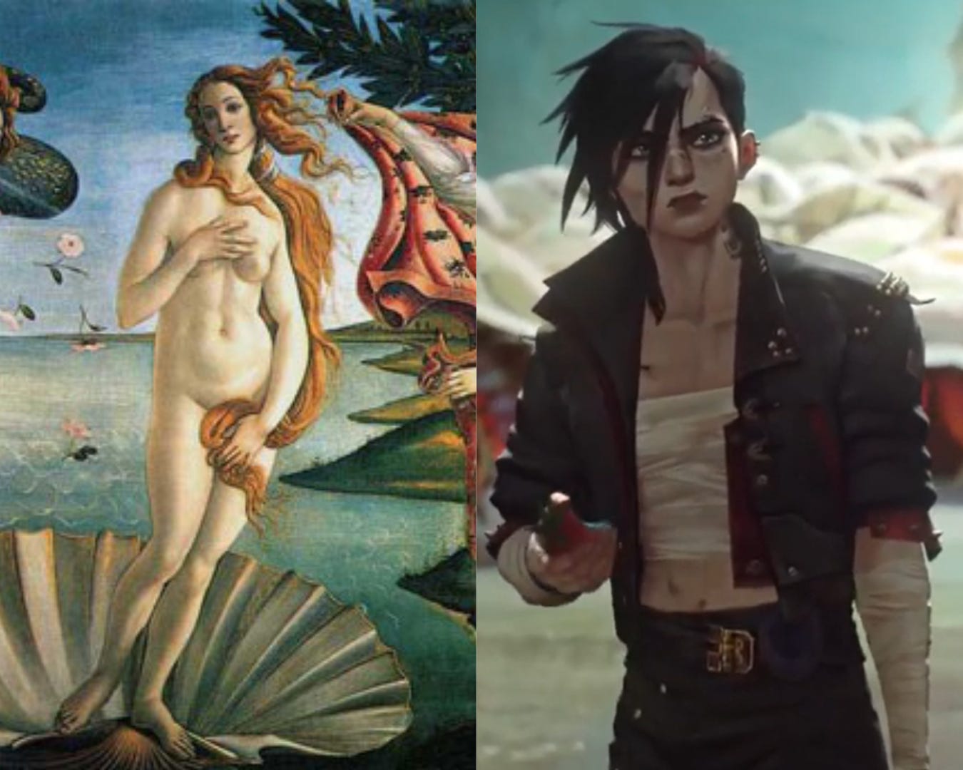 a side by side image of The Birth Of Venus Painting on the left, and a screenshot of Vi from Arcane on the right.