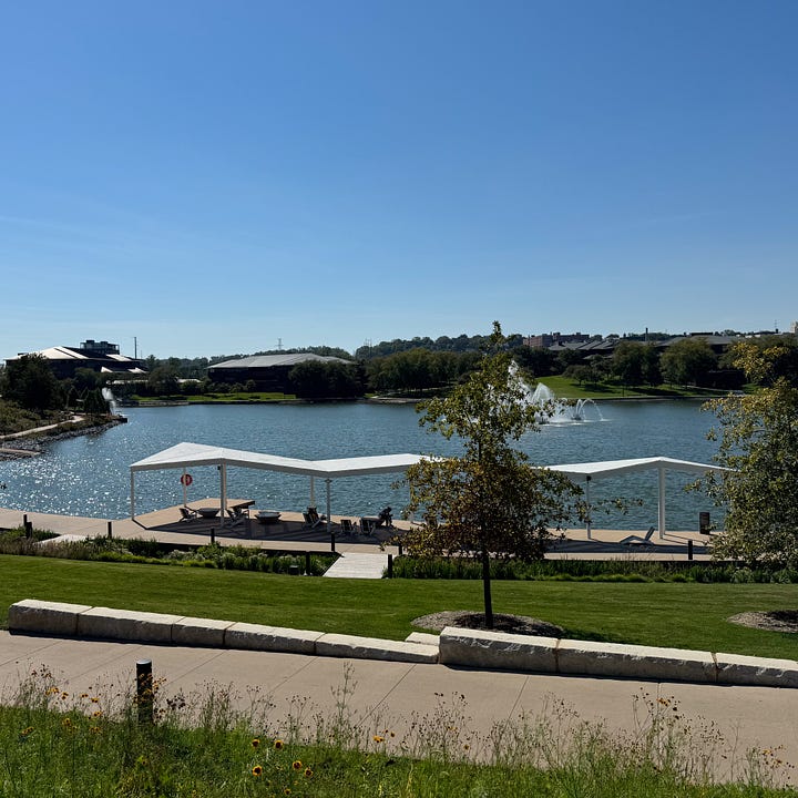 Photos of a harbor in Cleveland, downtown Chicago, Mt. Rushmore and Omaha, NE