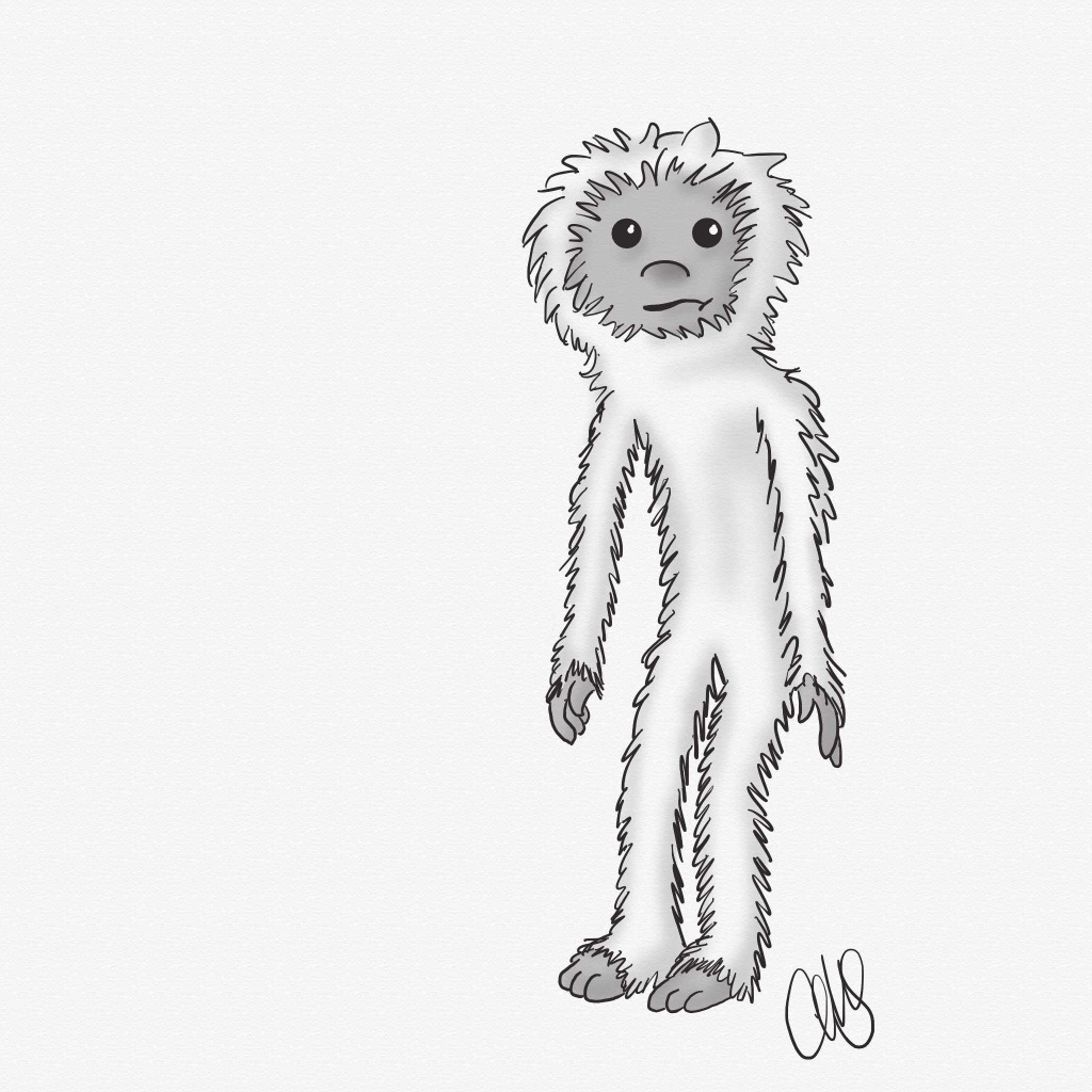 Quick black and white doodle of a furry slouched yeti