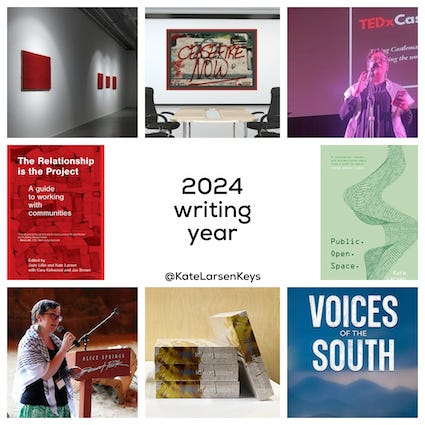 2024 writing year @katelarsenkeys featuring 8 images of books, promo images or photos of Kate speaking at events