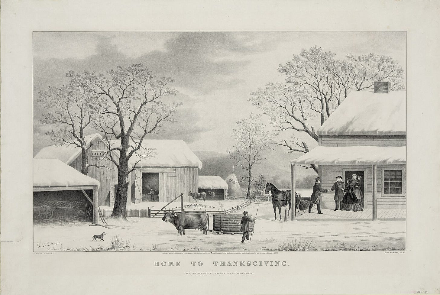 A snowy New England farmyard: a young man in a city coat shakes hands with an older man at a farmhouse door while a sleigh waits, oxen haul logs and a dog trots through the snow.