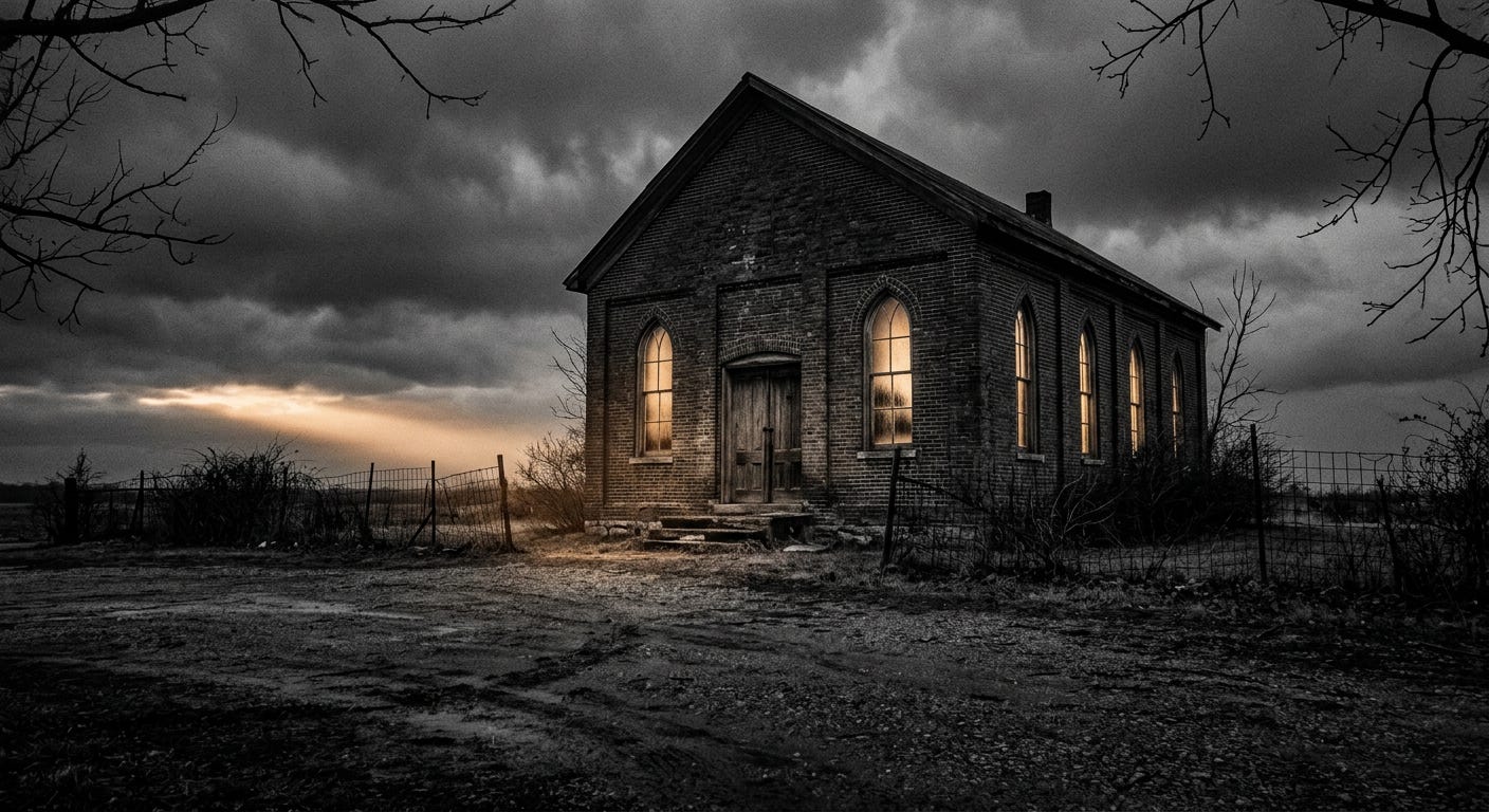 A gritty, high-contrast noir photograph of a weathered brick rural church at twilight under a stormy sky. A break in the clouds casts a warm beam of light across the building, while a soft glow shines from the narrow windows, evoking solitary resilience and enduring presence.