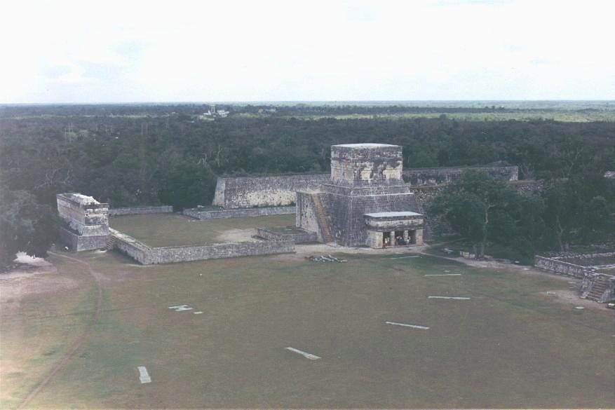 View of the Great Ball Court from the top of the Castillo. photo credit: Jeff Fromm, 1995