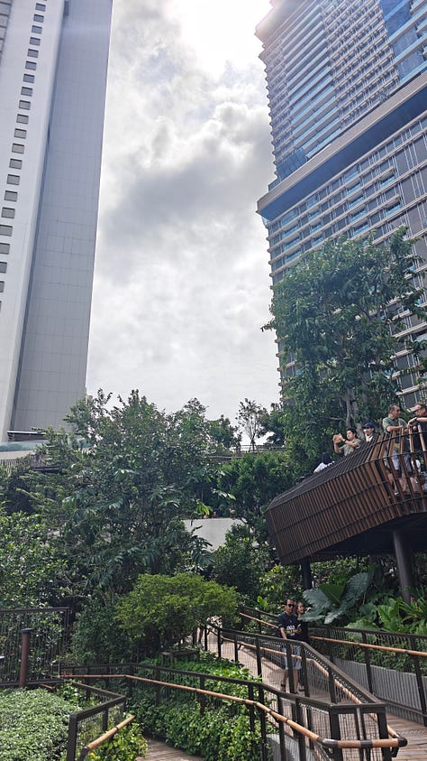 Central Park Mall in Bangkok with an elevated parc between two buildings and it spans 3 floors!