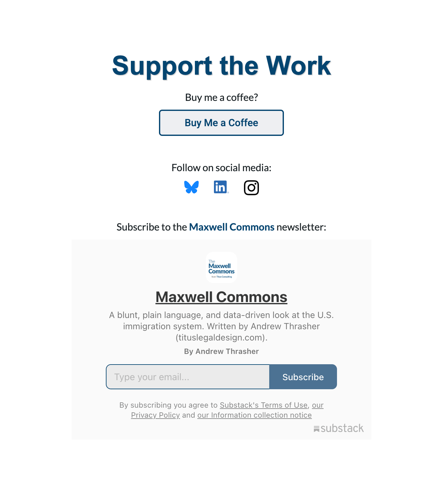 Screenshot of "Support the Work" section of landing page with Buy Me a Coffee and Newsletter Subscription buttons and social media channels