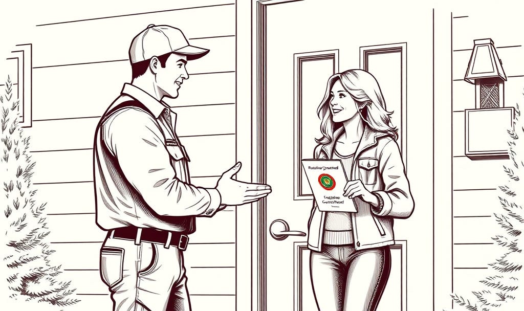 service tech leaves guarantee brochure with homeowner while saying goodby service tech leaves guarantee brochure with homeowner while saying goodby