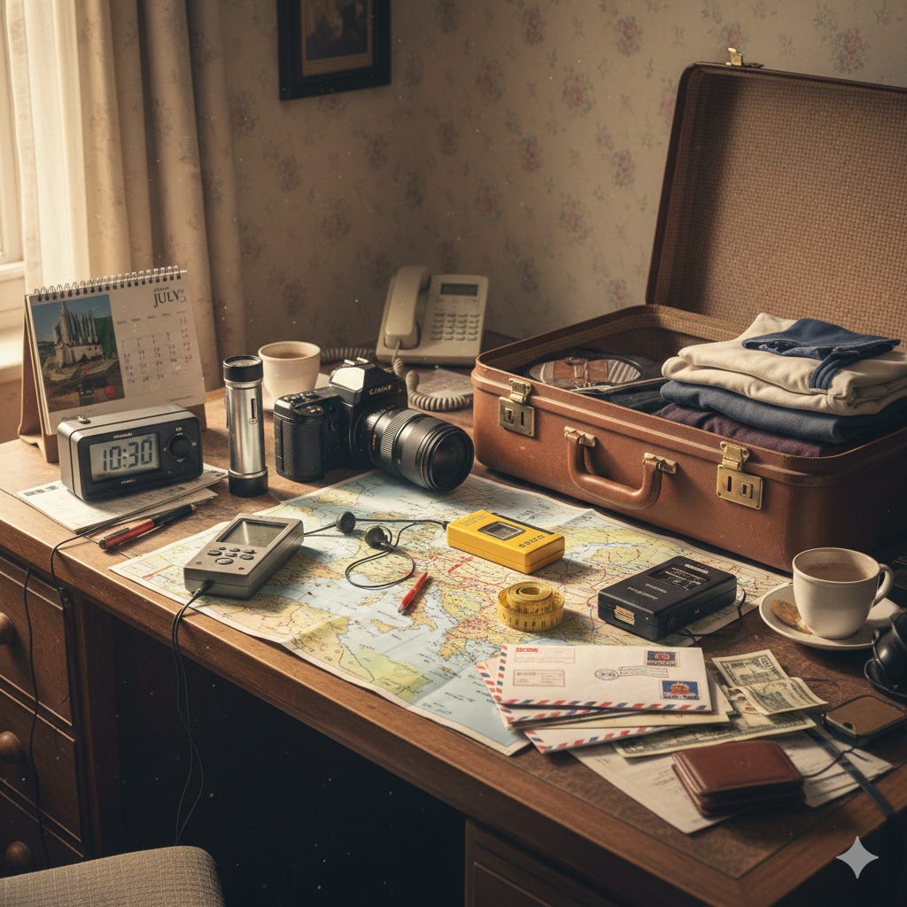 Laid out on a desk next to a suitcase is a camera, a flashlight, an alarm clock, a map, a walkman, a GPS, a voice recorder, a measuring tape, a wallet, some envelopes and stamps, and a calendar. Laid out on a desk next to a suitcase is a camera, a flashlight, an alarm clock, a map, a walkman, a GPS, a voice recorder, a measuring tape, a wallet, some envelopes and stamps, and a calendar.