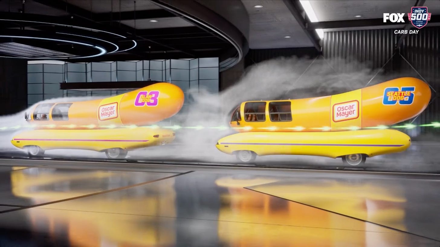 A CGI graphic of air moving over the top of two Wienermobiles A CGI graphic of air moving over the top of two Wienermobiles