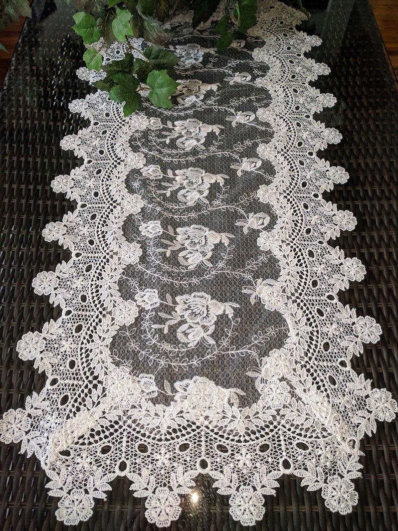 35 Antique Rose Sheer Dresser Scarf Table Runner Doily Ivory Victorian Lace Vintage image 6