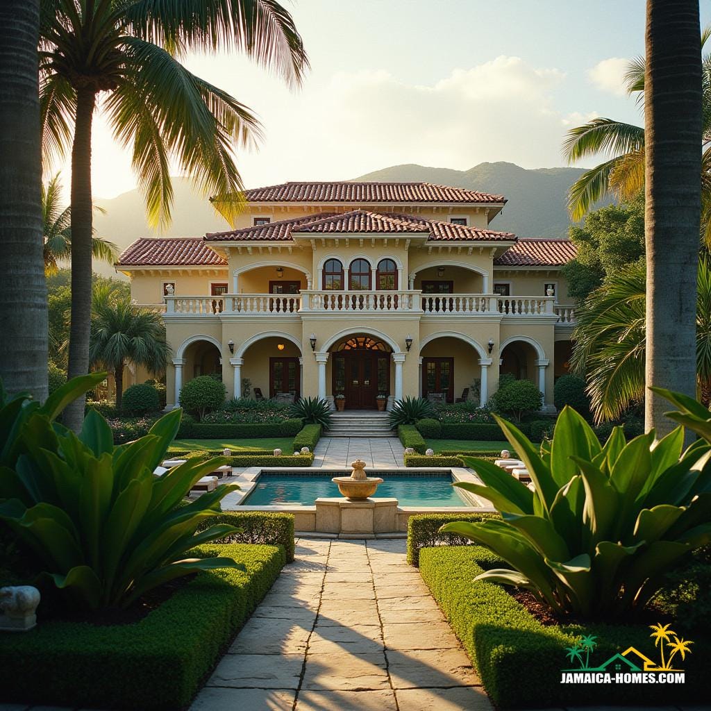 A majestic Mediterranean Revival estate in Jamaica, with stucco walls, terra cotta red-tiled roofs, and arched windows, set amidst lush tropical gardens
