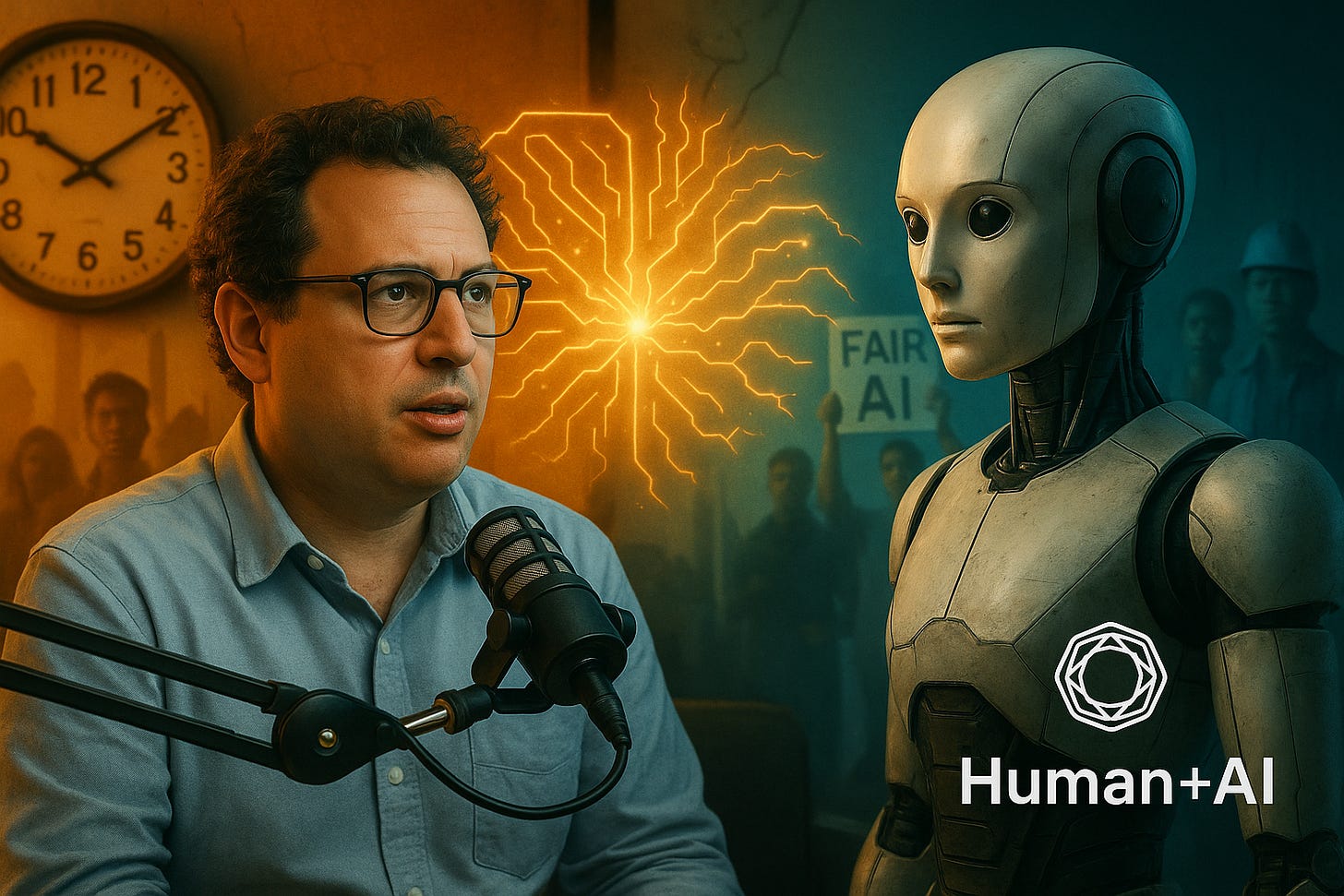 Dario Amodei speaks into a microphone, seemingly speaking to a robot