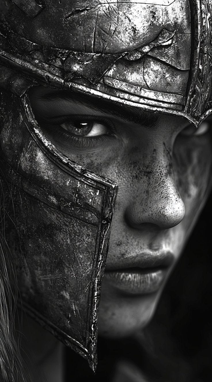 This may contain: a close up of a person wearing a helmet and looking into the distance with an evil look on their face