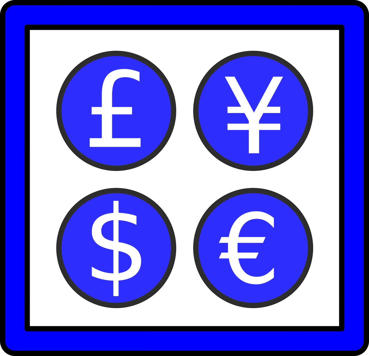 4 currency signs: pound, yen, dollar, euro