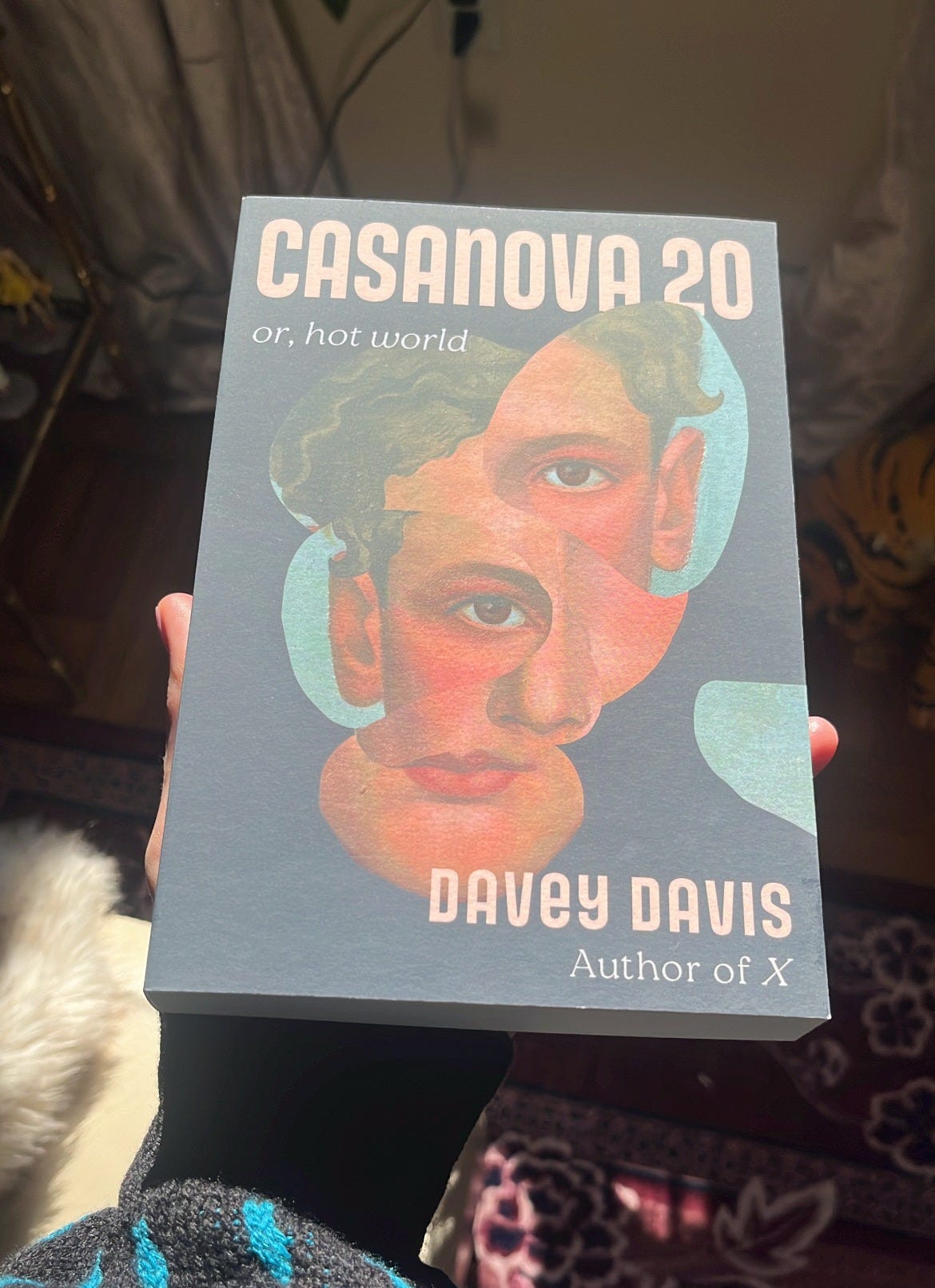 The cover of my book, "Casanova 20: Or, Hot World" is illustrated with the face of a young white man with brown hair and brown eyes that's been broken up into pieces.