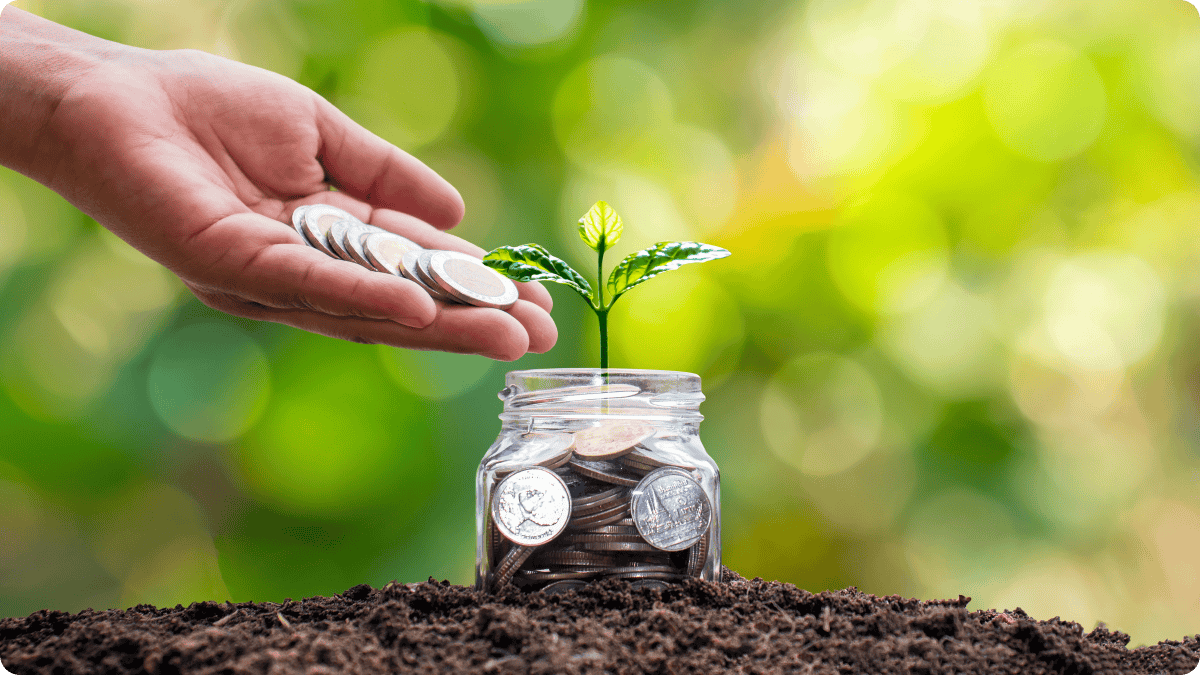 A hand drops coins into a glass jar filled with money, with a small green plant sprouting from the jar, symbolizing investment in sustainable and regenerative growth.