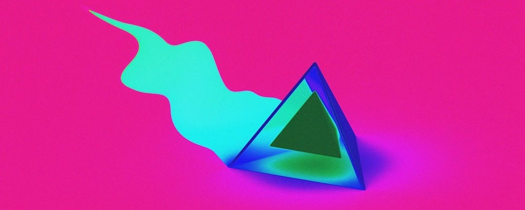 A blue and green object on a pink background
