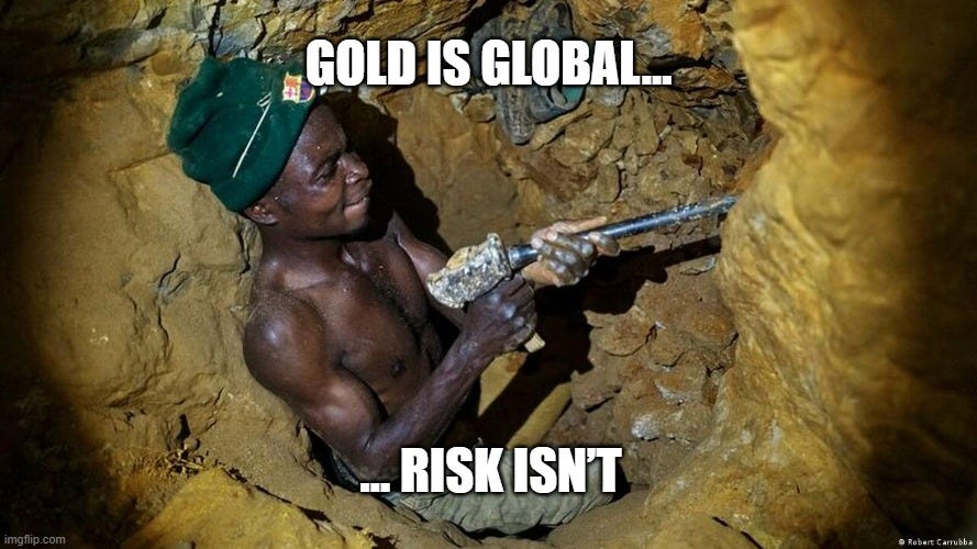 Gold mining meme with caption “Gold is global… risk isn’t” emphasizing jurisdiction risk in mining, supporting Coeur Mining (CDE) investment thesis focused on North American assets, lower geopolitical risk, and valuation upside