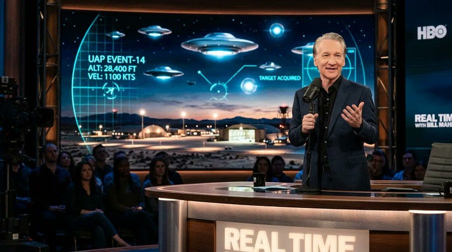 Illustration of Bill Maher on the Real Time set with UAPs and radar data on the screen behind him
