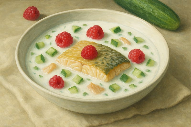 Rețetă Supă rece cu păstrăv, zmeură, iaurt și castraveți