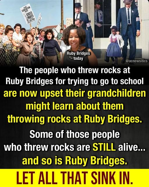 May be an image of 7 people and text that says 'SESBECATION LOTE SEYFTIO Nado BECTOИ ALL CA Ruby Bridges today @acnewsitics The people who threw rocks at Ruby Bridges for trying to go to school are now upset their grandchildren might learn about them throwing rocks at at Ruby Bridges. Some of those people who threw rocks are STILL alive... and so is Ruby Bridges. LET ALL THAT SINK IN.'
