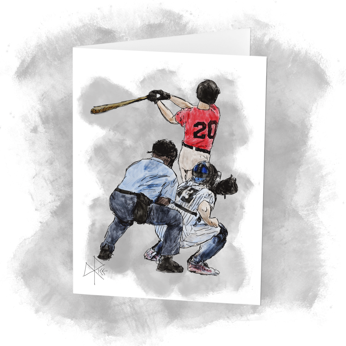The batter begins releasing his grip on the bat’s handle as he completes his followthrough, having struck the baseball well enough that it will get deep into the outfield. Catcher and umpire crouch behind him. Sketch art by Don Rice. The batter begins releasing his grip on the bat’s handle as he completes his followthrough, having struck the baseball well enough that it will get deep into the outfield. Catcher and umpire crouch behind him. Sketch art by Don Rice.