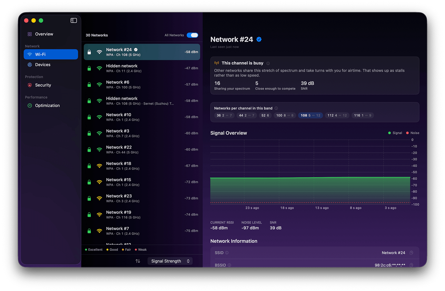 The Wi-Fi tab with the verdict open: "This channel is busy", the three numbers behind it — 16 sharing your spectrum, 5 close enough to compete, 39 dB SNR — and a chip per channel in the band The Wi-Fi tab with the verdict open: "This channel is busy", the three numbers behind it — 16 sharing your spectrum, 5 close enough to compete, 39 dB SNR — and a chip per channel in the band