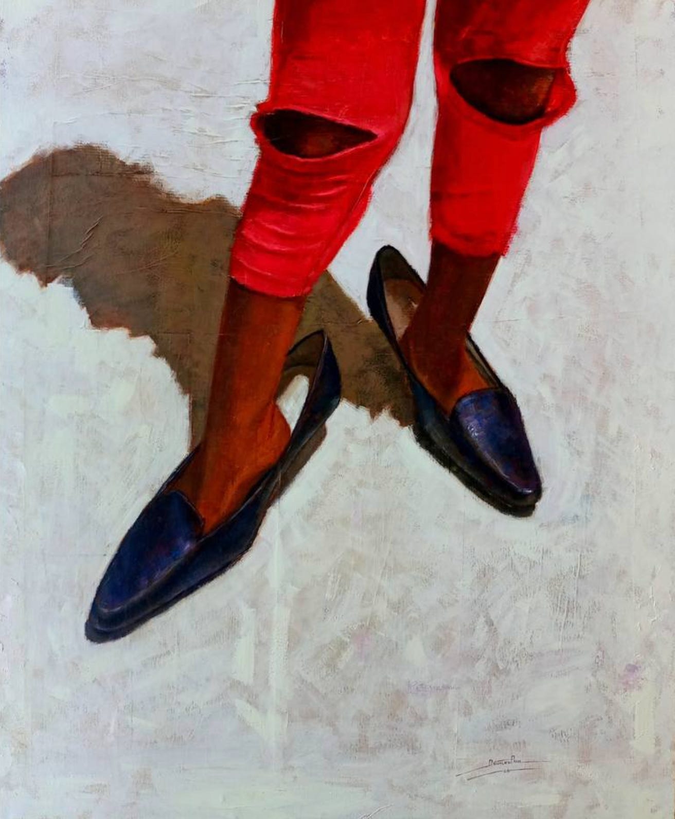 Child in red trousers wearing the dress shoes of an adult man, clearly oversized