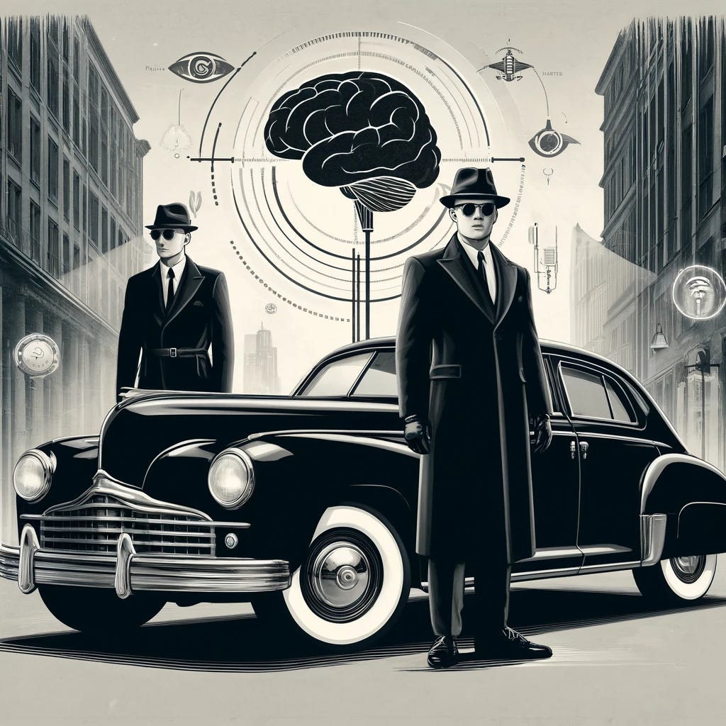 A sophisticated, atmospheric illustration depicting secret service agents in black suits with sunglasses, standing near vintage 1940s-50s cars with whitewall tires. The scene exudes an aura of mind control and mystery, featuring elements like subtle brainwave imagery or symbolic mind-control tools. The setting is muted with classic tones—black, gray, and white with minimal color accents—to maintain an intellectual and noir aesthetic. The background includes urban architecture of the mid-20th century, with an enigmatic and refined vibe.