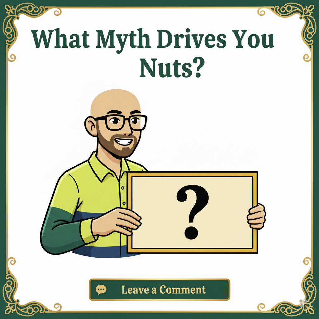 Cartoon of Darren Quinn holding a sign with a question mark under the text "What Myth Drives You Nuts?". Clickable button labelled "Leave a Comment".