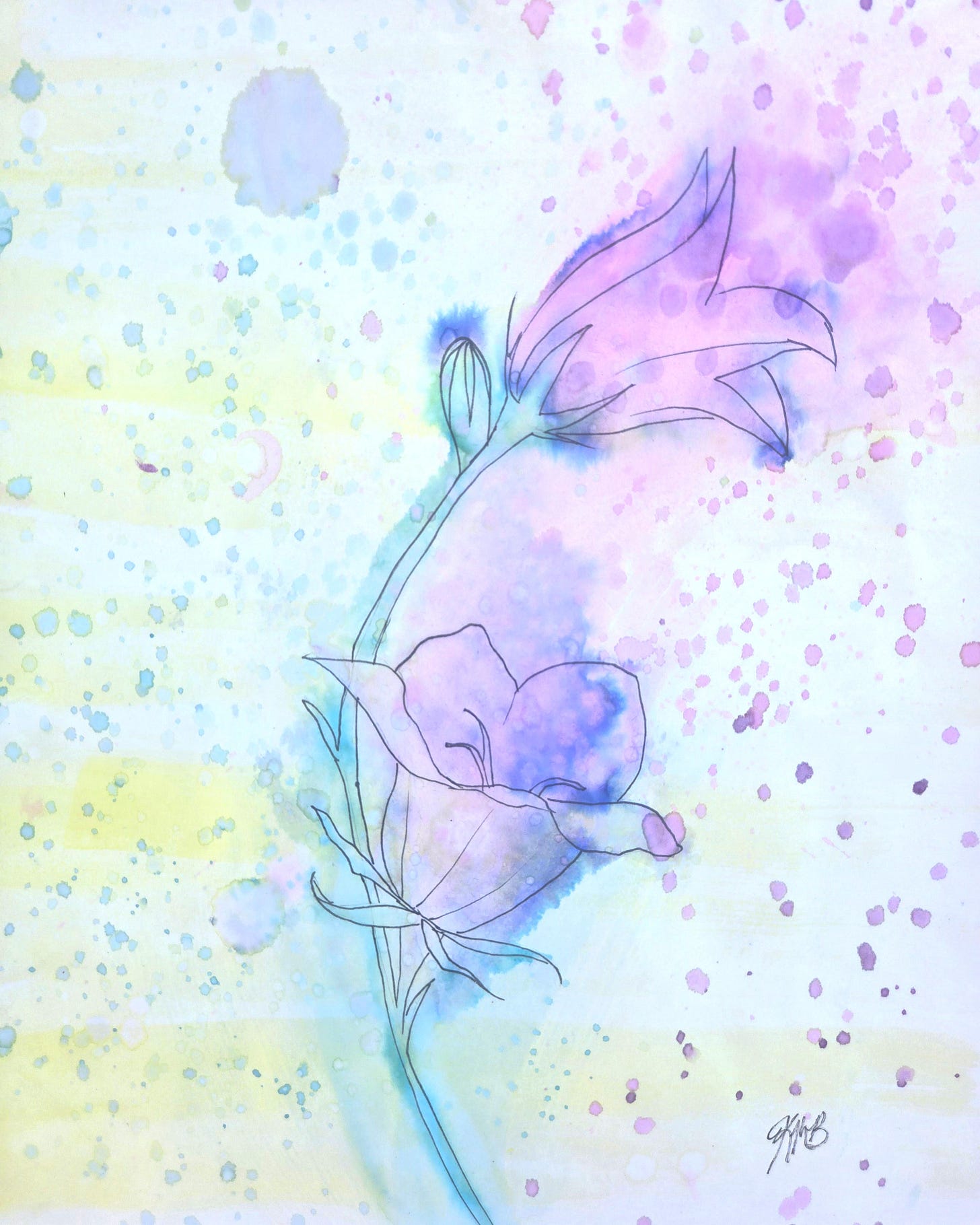Watercolor and ink create an image of two bluebell flowers on a stem. Colors are purple, blue, green, and yellow. With the flowers being purple, the stem being green, and an overall yellow wash on the entire image. Additionally, there are colorful wet stains making spots of color over the whole image.