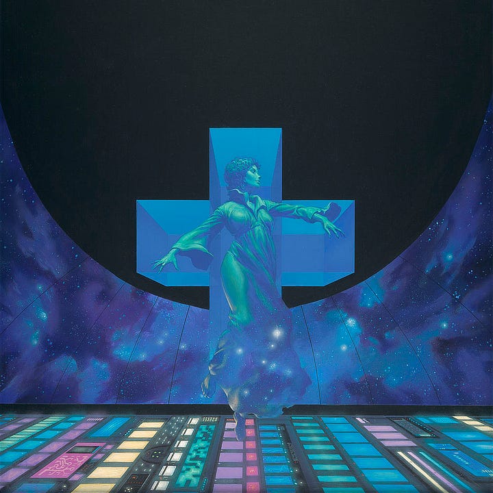 LEFT: Detail from THE GAMEPLAYERS OF ZAN featuring a woman floating with ethereal grace over an infinite control panel lit with a rainbow of colors. Immediately behind her a series of boxes rotates to form a t-shape. RIGHT: Figure detail from THE GAMEPLAYERS OF ZAN featuring a woman floating over an infinite control panel lit with a rainbow of colors. Her gown is pure 70s science fiction wardrobe with exaggerated collar and bell shaped sleeves. Stars bleed through from the background in the shadows of her dress.