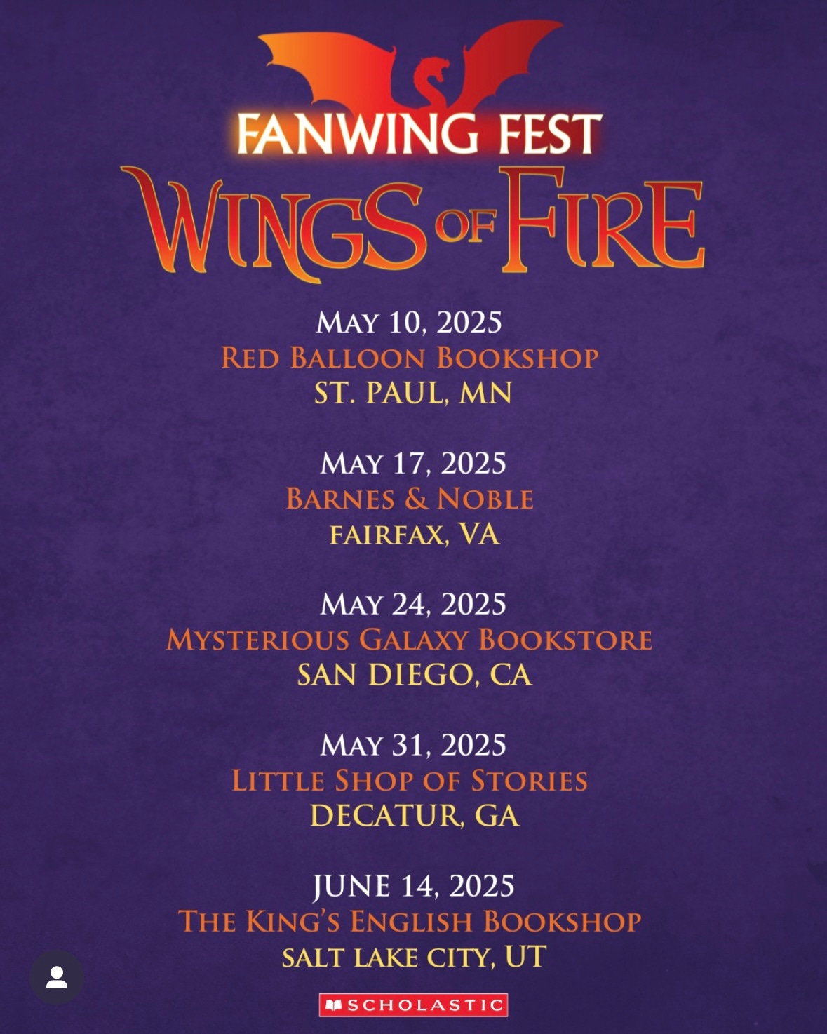 A purple square with FanWing Fest at the top and the list of cities and dates below it (same as listed above)