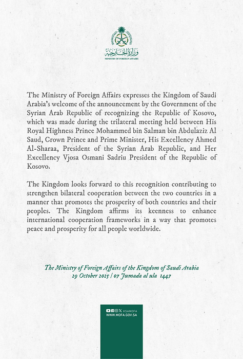 Syrian MFA, Saudi MFA and Kosovan president Vjosa Osmani's Social Media Posts on Oct 29, 2025.