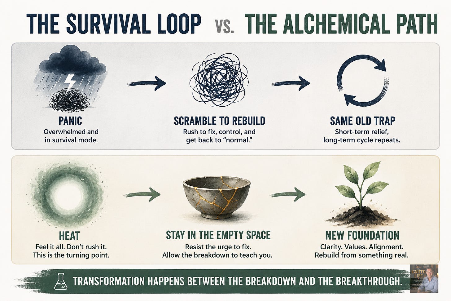 Infographic comparing “The Survival Loop” and “The Alchemical Path,” showing how people move from panic and reactive rebuilding toward emotional processing, intentional growth, and creating a new foundation after adversity. Infographic comparing “The Survival Loop” and “The Alchemical Path,” showing how people move from panic and reactive rebuilding toward emotional processing, intentional growth, and creating a new foundation after adversity.
