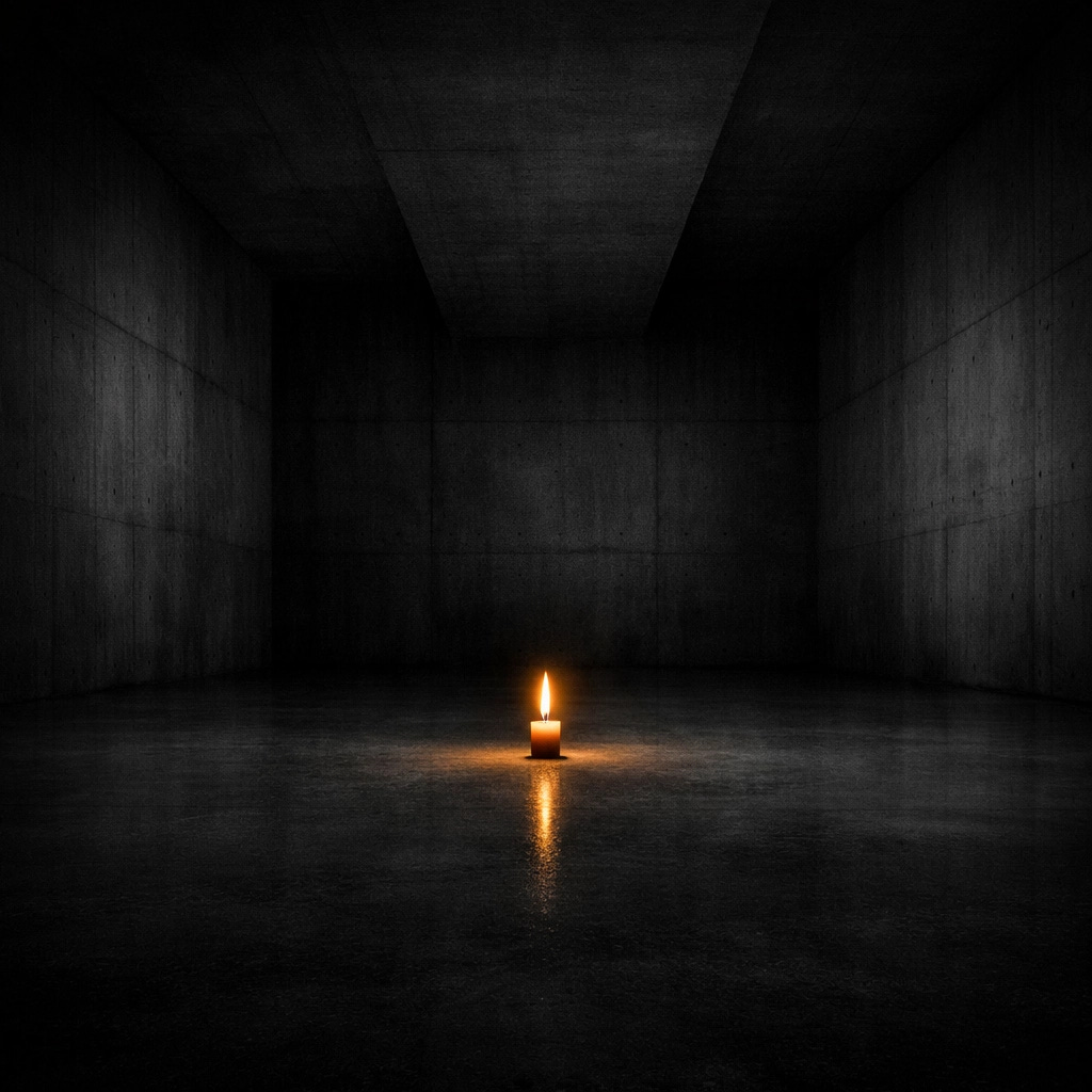 A single candle flame flickers in a dark hall, representing the light of faith in a secular wilderness.