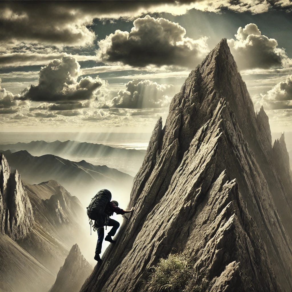 A symbolic representation of a challenge: a steep, rocky mountain under a cloudy sky, with a lone climber halfway up, emphasizing determination and struggle. The scene includes jagged cliffs, sparse vegetation, and a distant horizon to highlight the scale and difficulty of the task. The climber carries a backpack and climbing gear, symbolizing preparation and resilience.