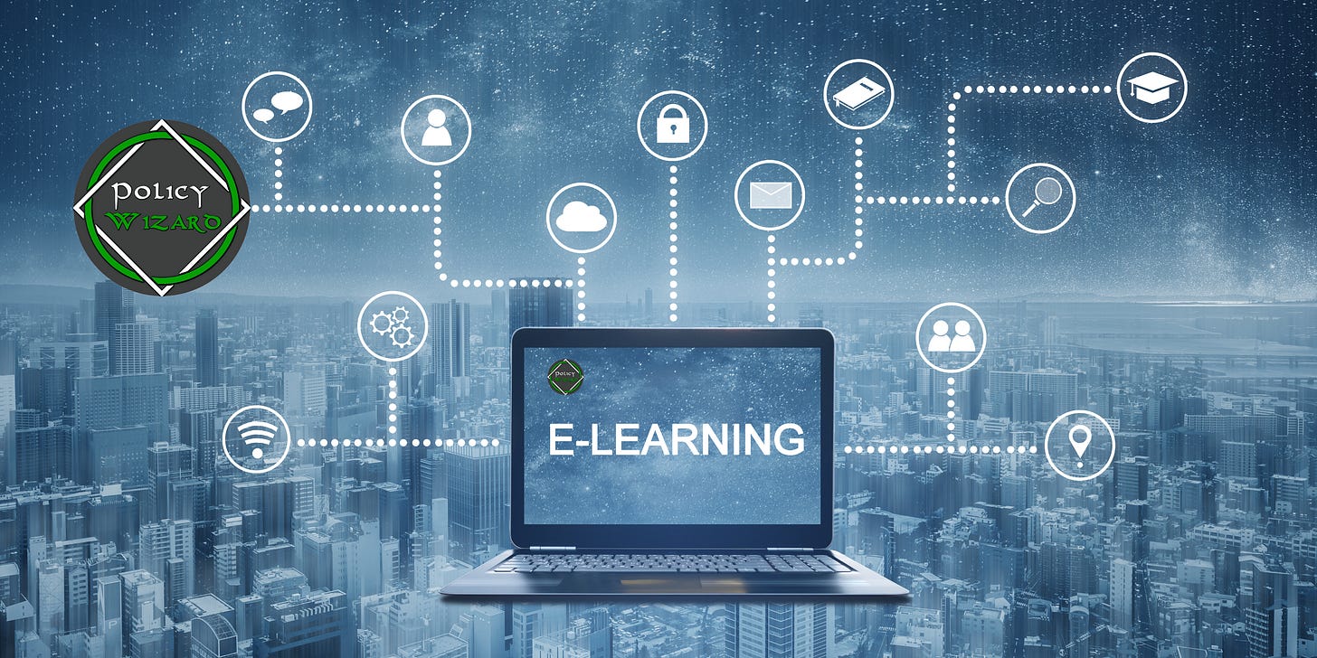 Laptop on a night sky with E-Learning on the Screen. PolicyWizard logo. Laptop on a night sky with E-Learning on the Screen. PolicyWizard logo.
