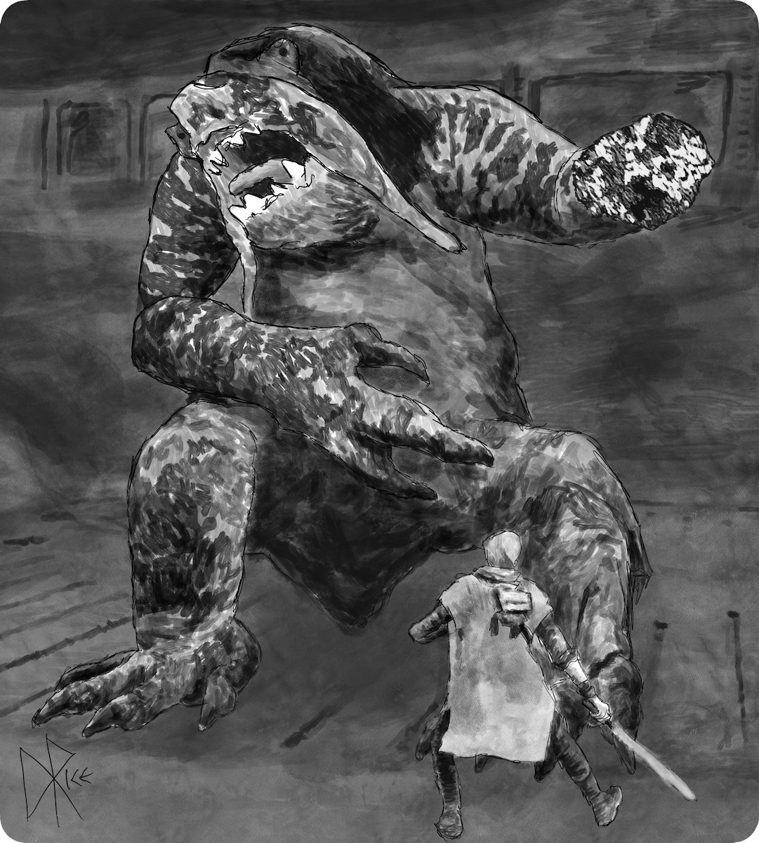 Cal Kestis from ‘Jedi: Survivor’ uses his lightsaber to cut off the hand of a Jotaz. Sketch art by Don Rice.