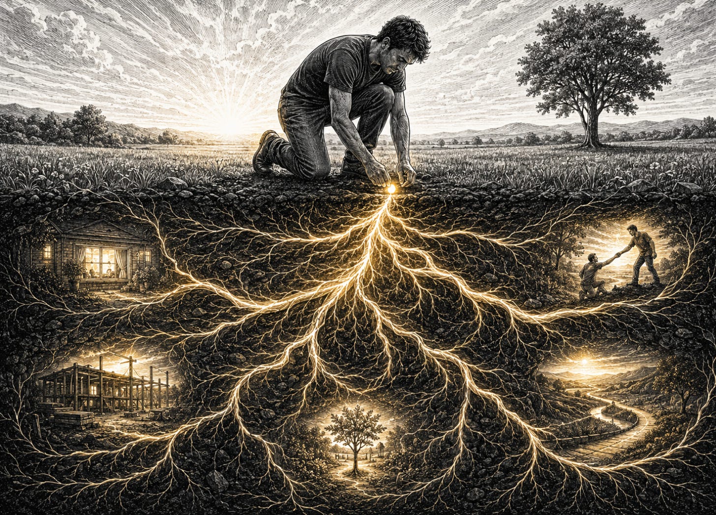 A kneeling man plants a glowing seed above branching roots that reach toward small homes and figures underground.