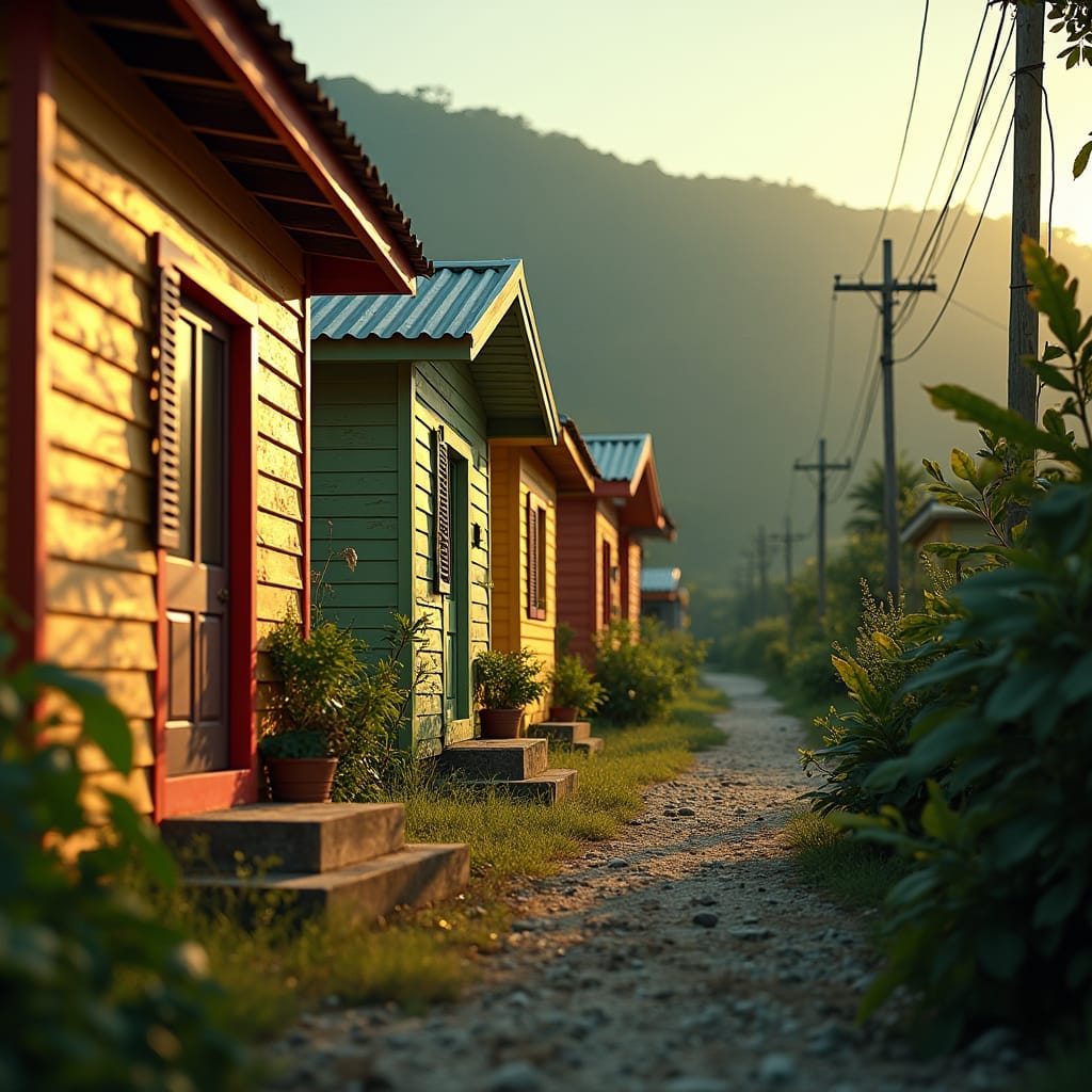 Vibrant modern plywood homes with corrugated zinc roofs, set against a lush Jamaican backdrop, bathed in warm, golden cinematic lighting.