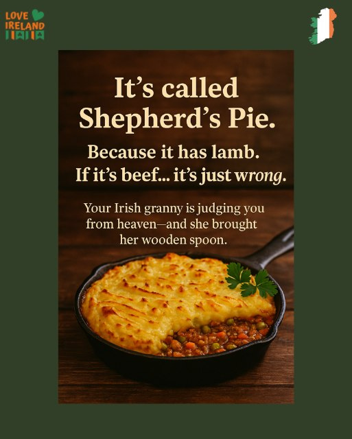 May be an image of pot pie, shepherd's pie and text that says "LOVE IRELAND IAIIA It's called Shepherd's Pie. Because it has lamb. If it's beef... it's just wrong. Wrong Your Irish granny is judging yu from heaven and she brought her wooden spoon."