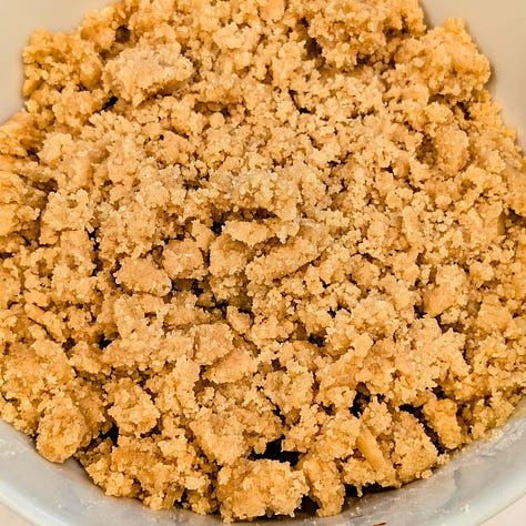 Three-step process for making kinako crumbles: mixture combined in a bowl, spread evenly on a baking sheet, and broken into golden pieces with a fork after baking.