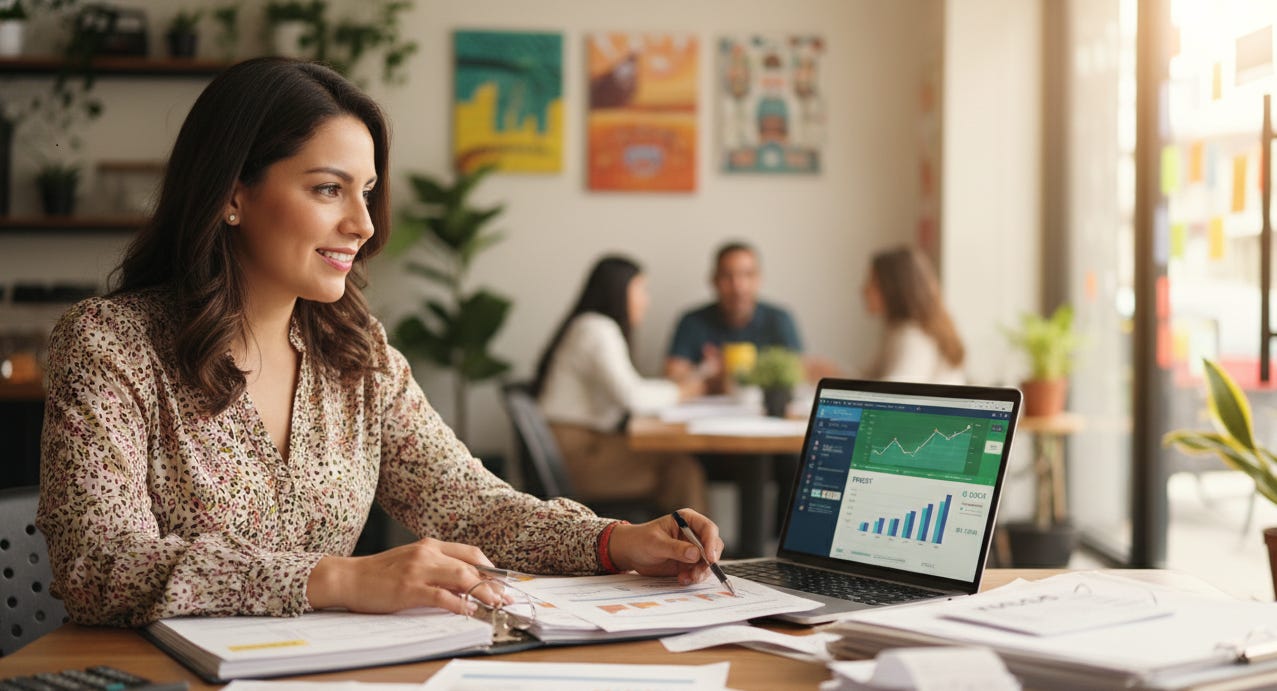 Emprendedor mexicano revisando contabilidad para negocios con estados financieros positivos en su escritorio Emprendedor mexicano revisando contabilidad para negocios con estados financieros positivos en su escritorio