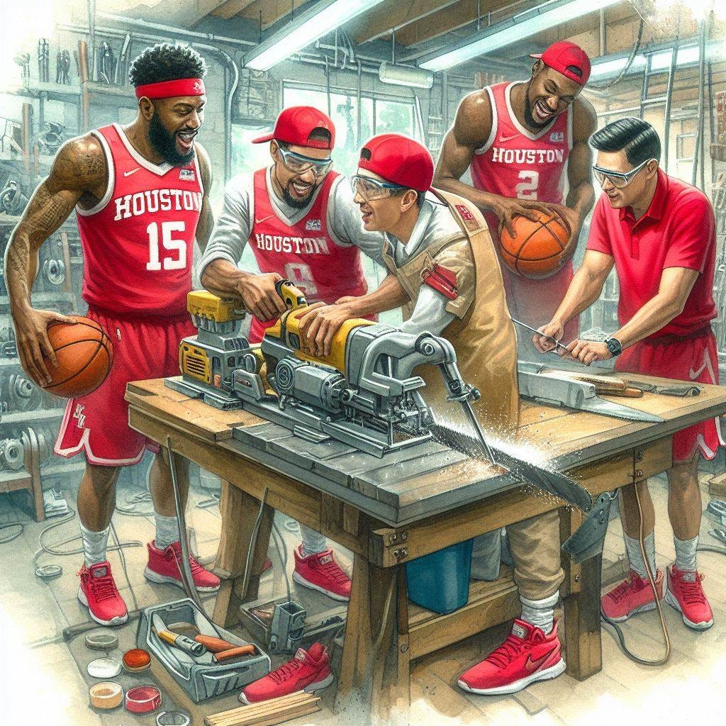 The Houston Cougars basketball team operating a buzzsaw in a shop, watercolor