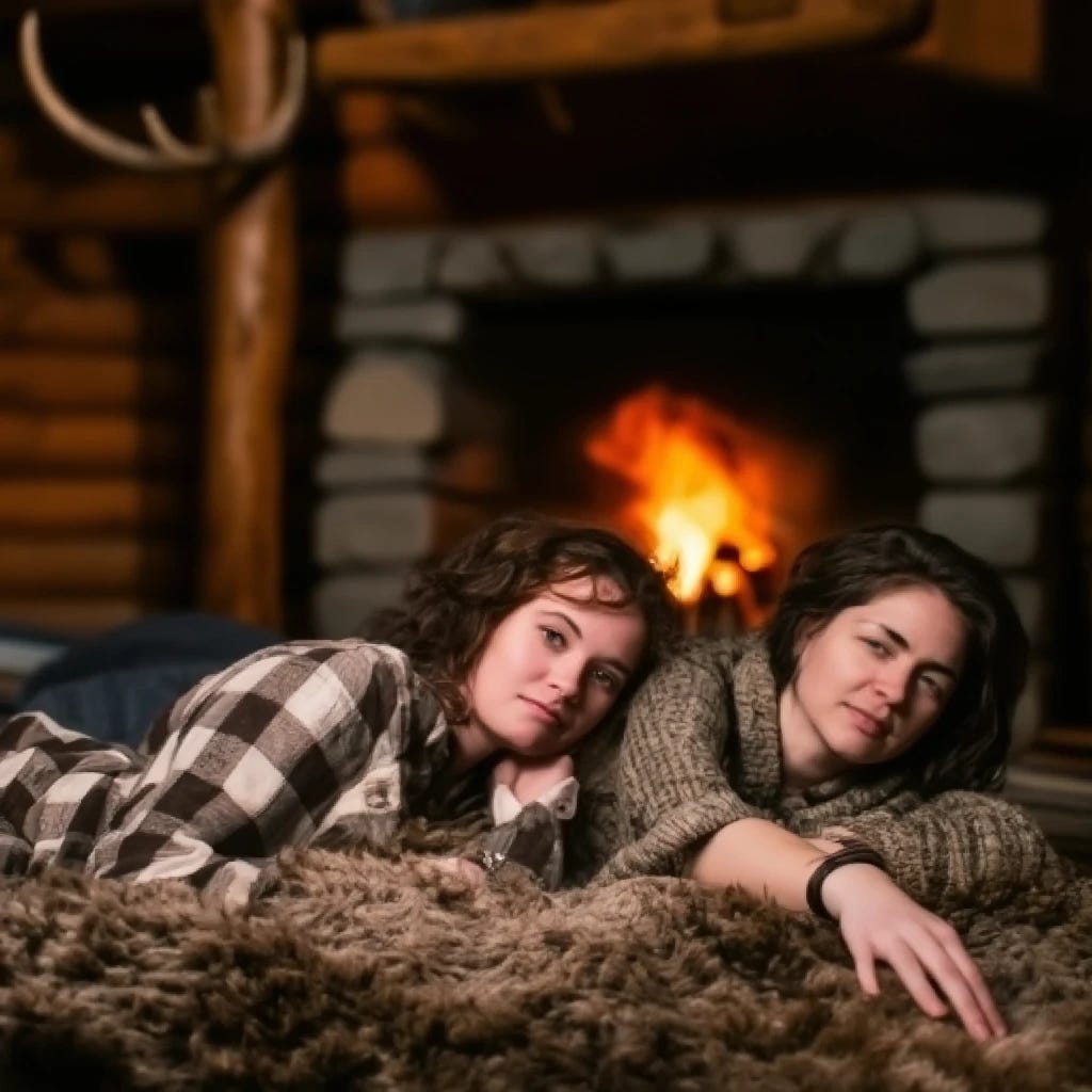 Two lesbian women in flannels laying down on a bearskin rug in a cabin with a fireplace fire