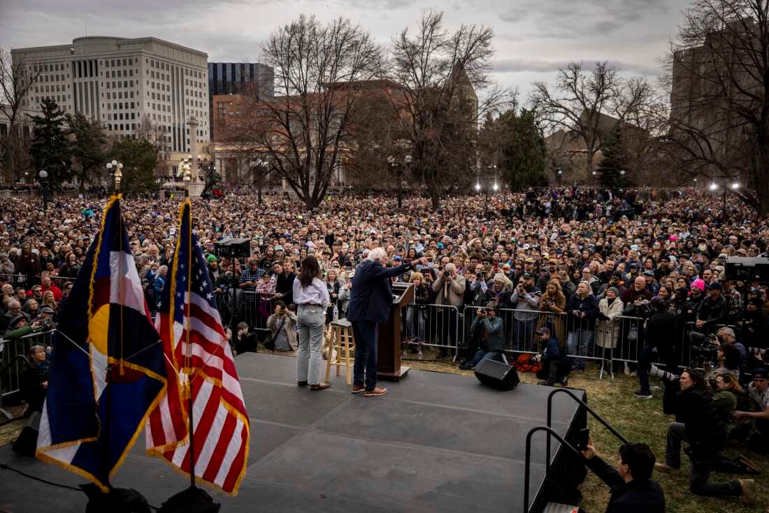 Sen. Bernie Sanders (I-Vt.) speaks during a rally on Friday at Civic Center Park in Denver. Sanders communications director said the crowd numbered 30,000, a new record for a Sanders event.