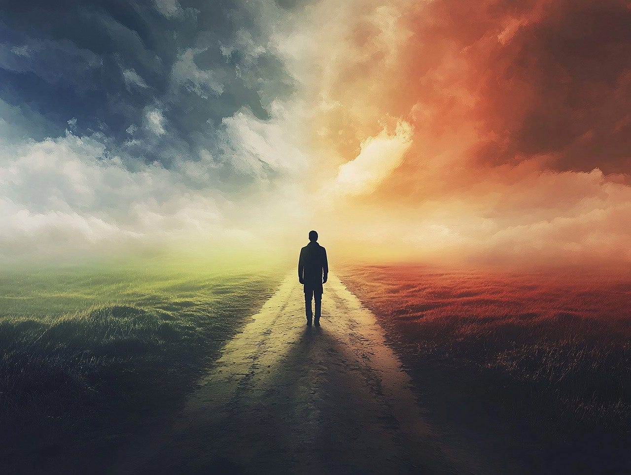A lone figure walks down a narrow path surrounded by contrasting landscapes—one side lush and green, the other fiery and red—under a dramatic, stormy sky, symbolizing the journey of uncertainty and self-discovery. A lone figure walks down a narrow path surrounded by contrasting landscapes—one side lush and green, the other fiery and red—under a dramatic, stormy sky, symbolizing the journey of uncertainty and self-discovery.