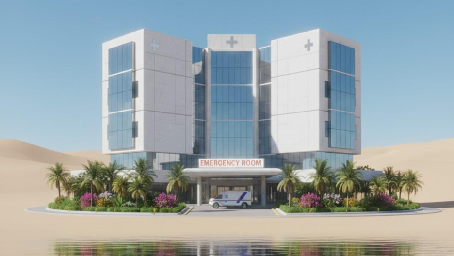 A hospital building with palm trees and a ambulance

AI-generated content may be incorrect.